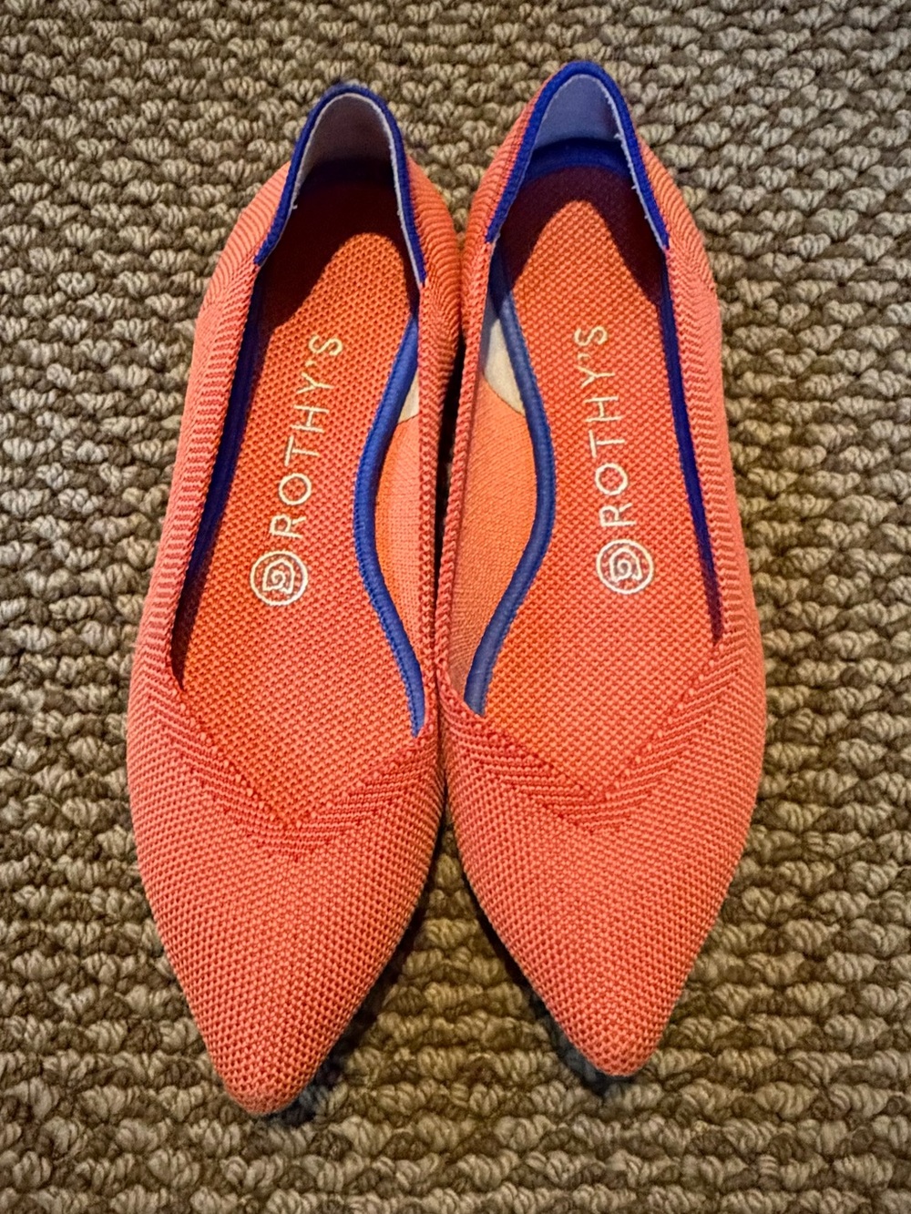 Rothy's Coral Knit Pointed Ballet Flats with Blue Trim